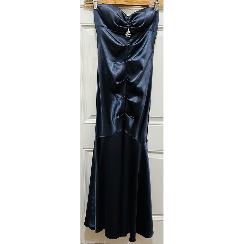 XSCAPE Joanna Chen Navy Blue Satin Ruched Mermaid Strapless Evening Gown Size 10